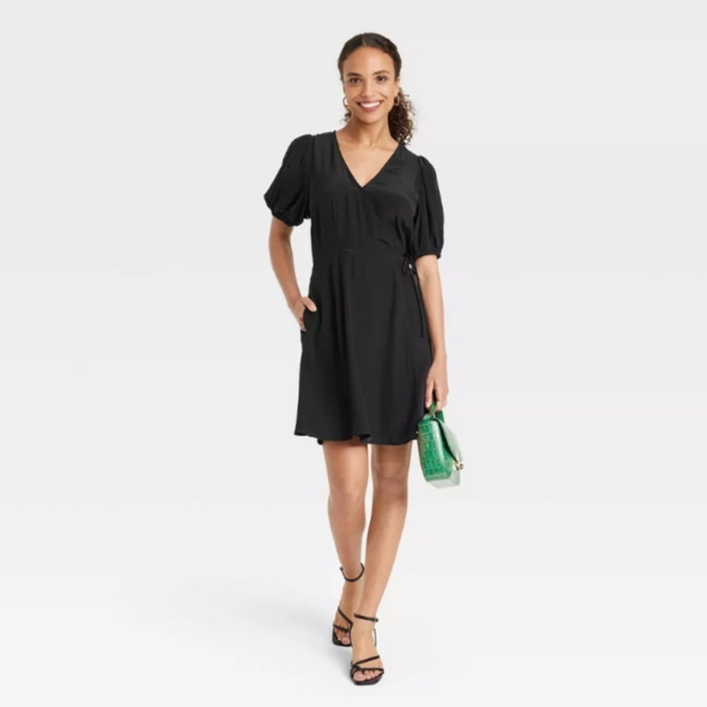 Women's Balloon Short Sleeve Wrap Dress - A New Day Black